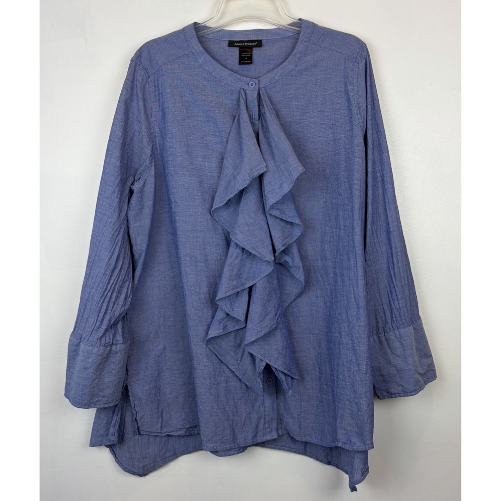 Button Poet Top Womens 18 Ruffle Blue Cotton Pirate Lagenlook Preppy